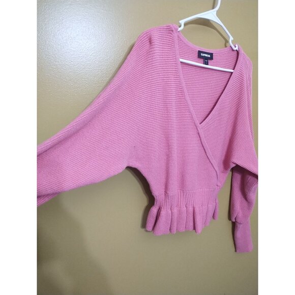Express V Neck Ribbed Faux Wrap Peplum Sweater S Barbie Y2K - Picture 3 of 7